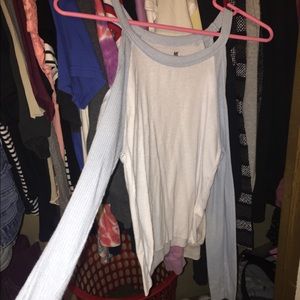 blue and white off the shoulder top